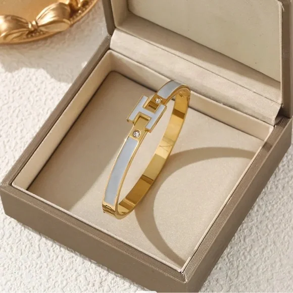 Enamel Letter H Bangle Bracelet - Picture 3 of 10